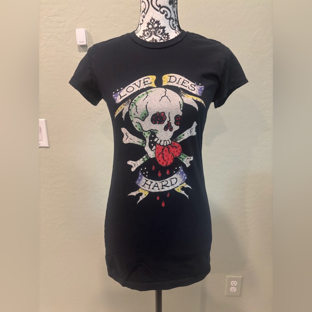 Ed Hardy Christian Audigier Love Die Hard Skull Rhinestone Shirt Women’s M